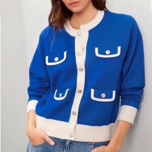 Sandro Royal Blue and Cream Cardigan Marcie Sweater *faint stain